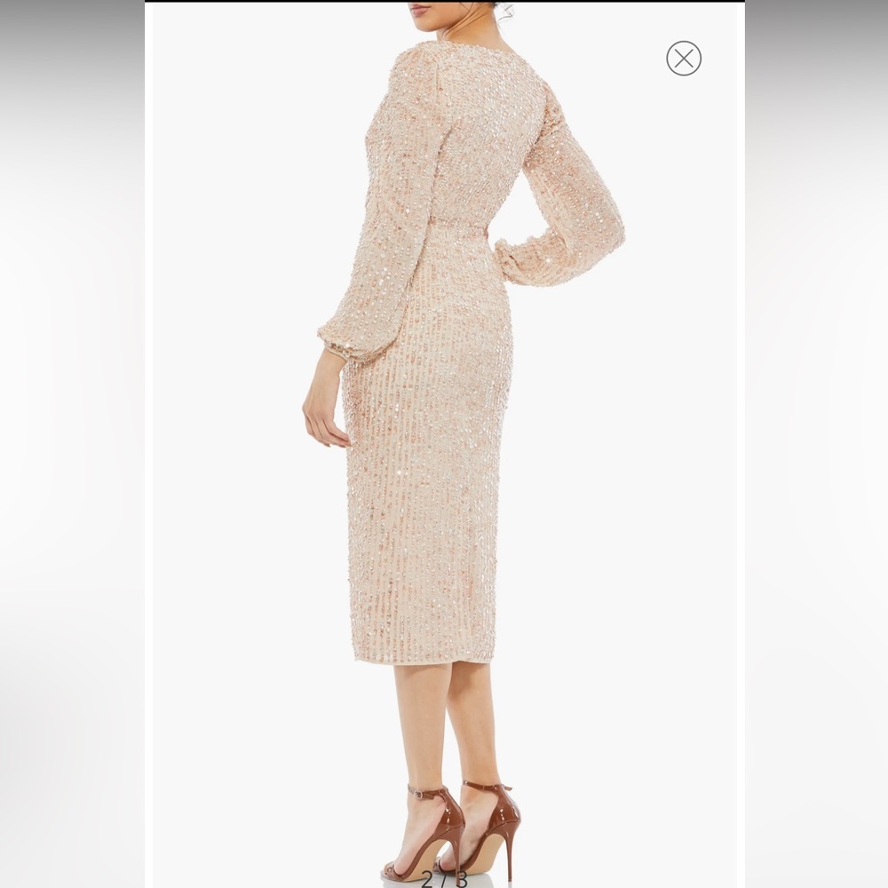 Mac Duggal Nude Sequin Long Sleeve Cocktail Midi Dress Size 4 Small - Picture 2 of 7